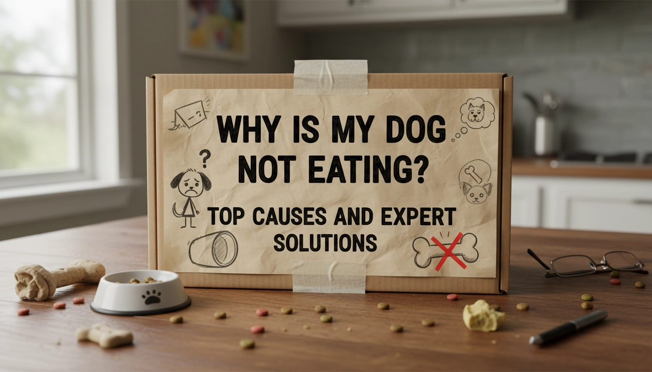 A worried dog sitting in a kitchen looking down at a full bowl of kibble, illustrating the question, Why is my dog not eating?