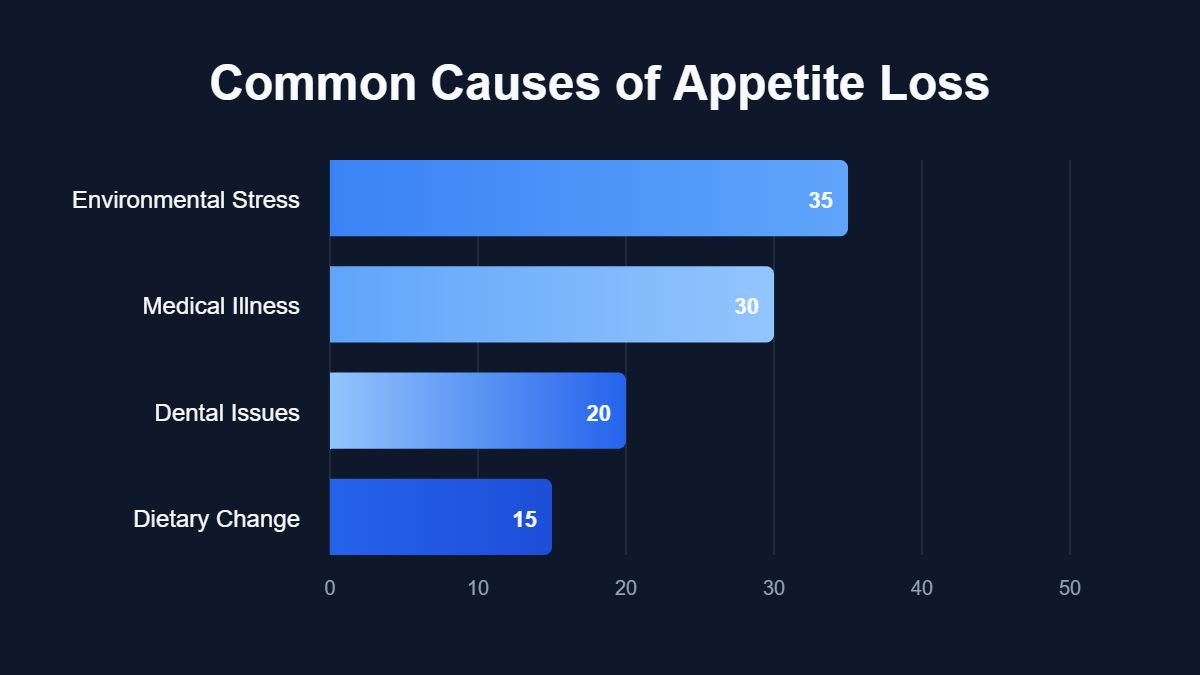 A pie chart titled "Common Causes of Appetite Loss" showing data for Environmental Stress, Medical Illness, Dental Issues, Dietary Change.