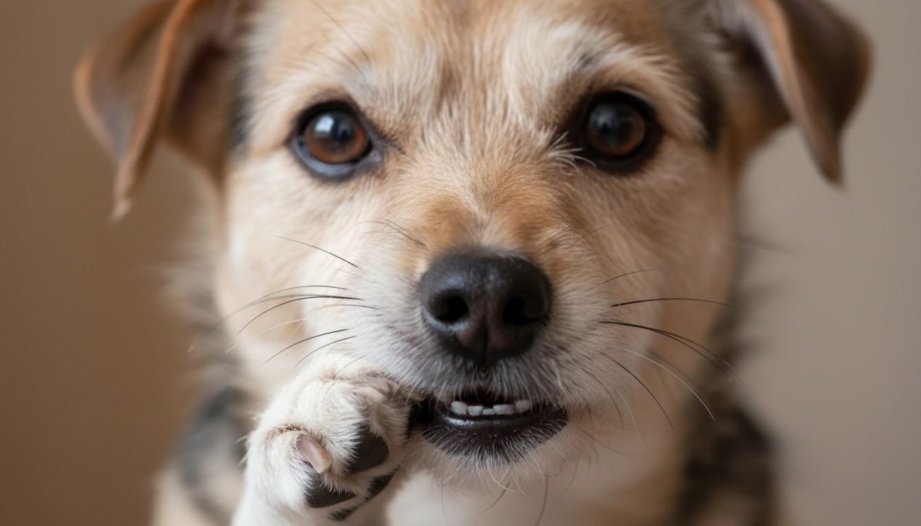 A close-up of a dog pawing at its muzzle while standing near a food dish, suggesting dental pain.