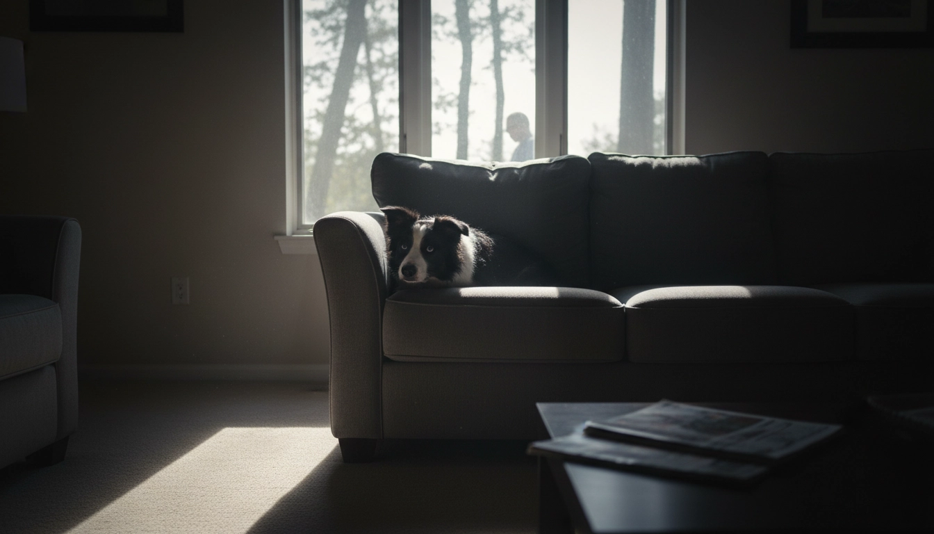 A dog peeking out from under a wooden dining table, looking nervous and alert.
