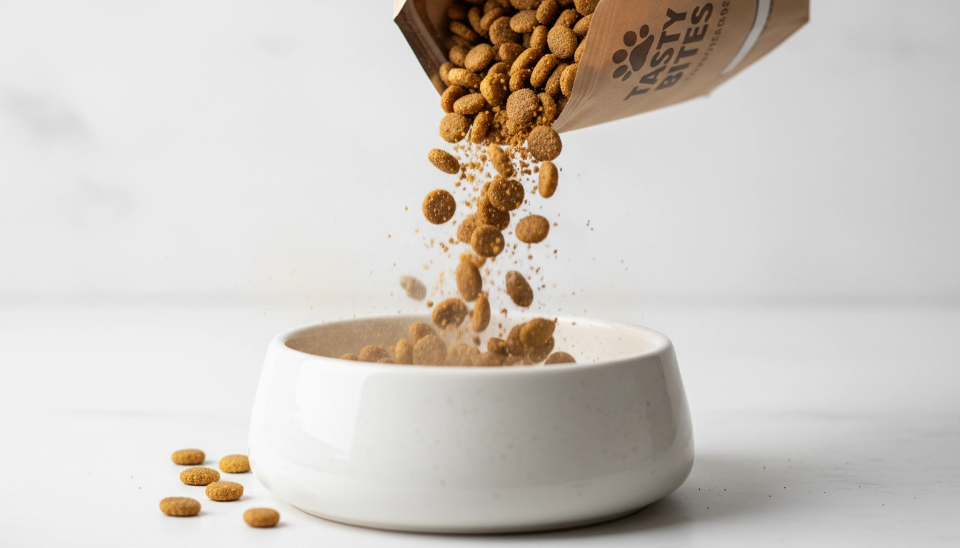 Fresh dry dog food being poured into a bowl, showing the texture of the kibble.