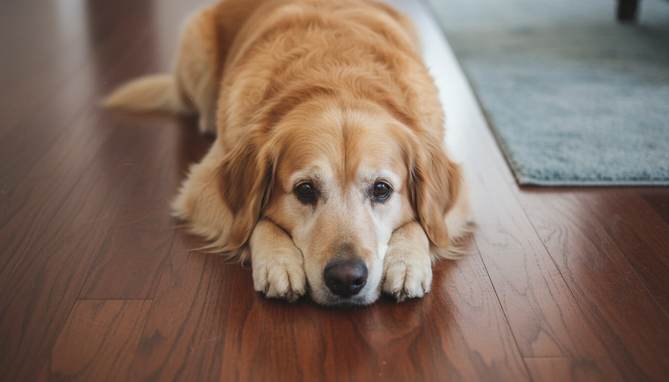 A dog lying flat on a rug with its chin on its paws, looking tired and unwell.