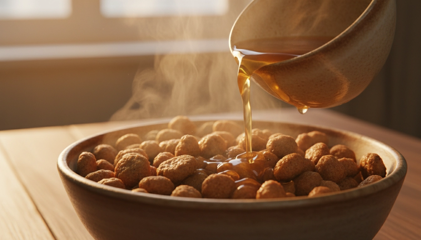 Steam rising from a bowl of dog food as warm water is added to it.