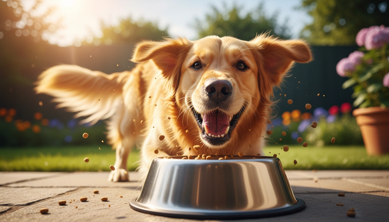 A happy dog wagging its tail while enthusiastically eating from its bowl.