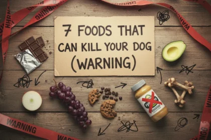 A homemade warning sign next to common dangerous items like chocolate and grapes, illustrating the guide 7 Foods That Can Kill Your Dog (Warning!).