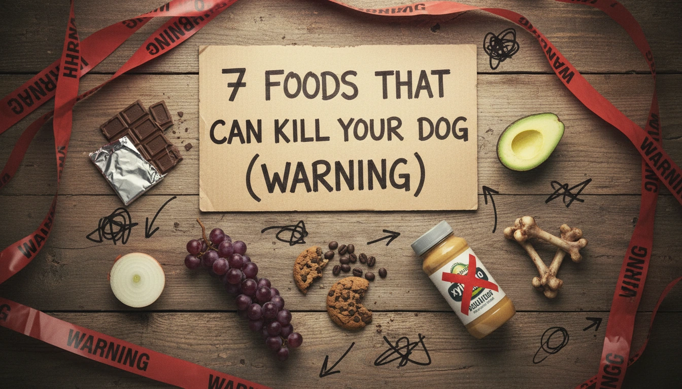 A homemade warning sign next to common dangerous items like chocolate and grapes, illustrating the guide 7 Foods That Can Kill Your Dog (Warning!).