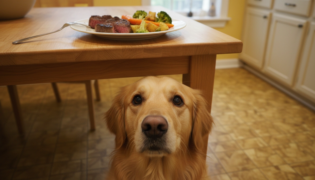 A dog looking up at a plate of human food, highlighting the 7 Foods That Can Kill Your Dog (Warning!) risks.