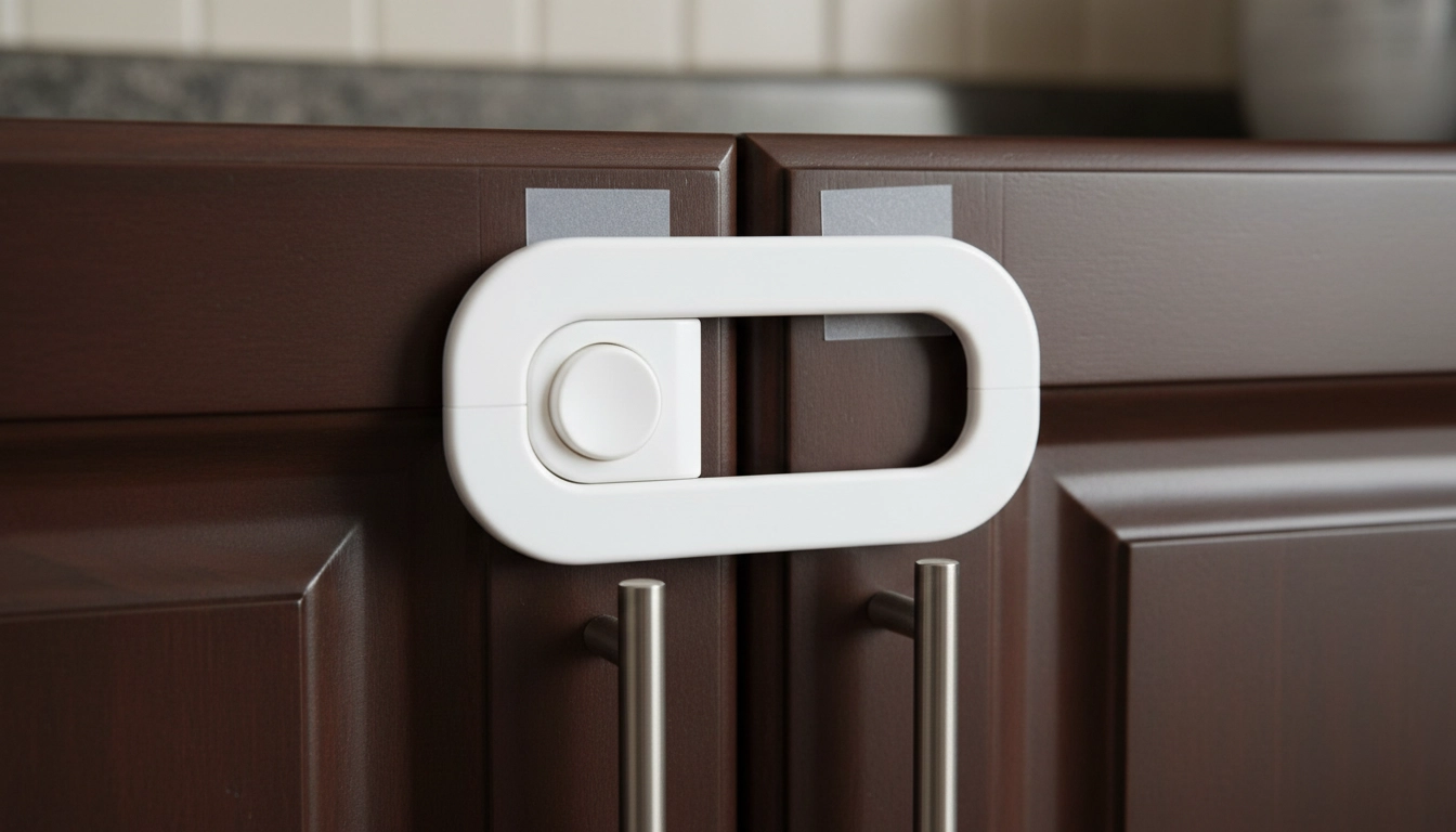 A plastic safety latch on a kitchen cabinet to keep dogs away from toxic foods.