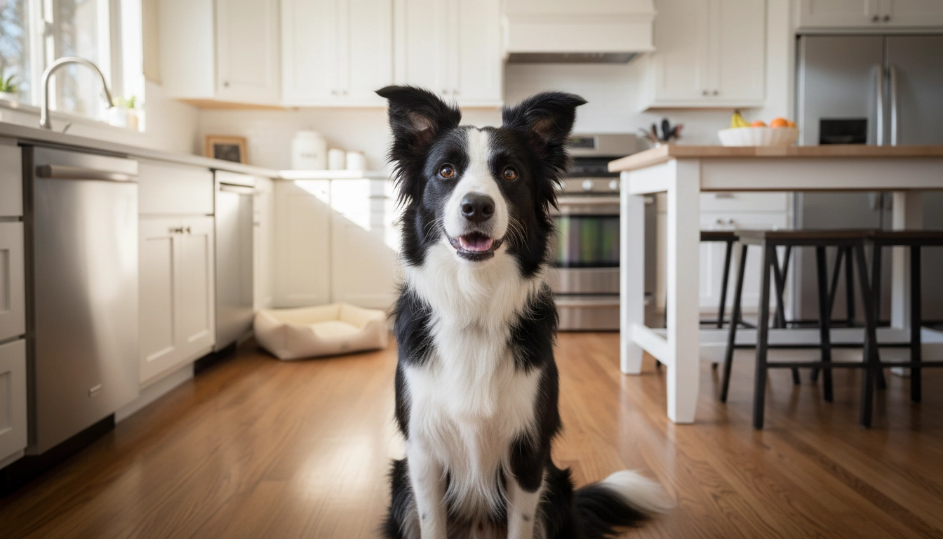 A happy, healthy dog sitting safely in a clean kitchen environment.