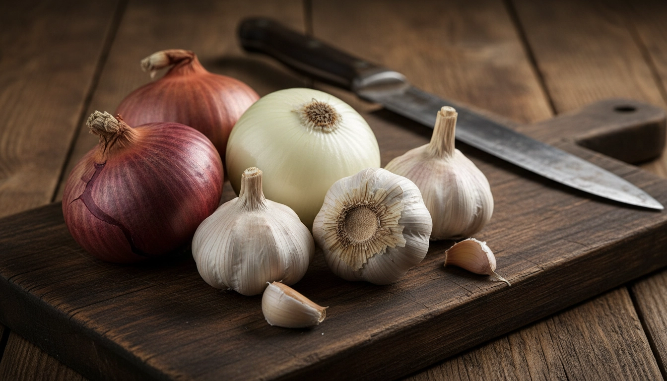 Whole red onions and garlic bulbs, which contain thiosulfate toxic to dogs.