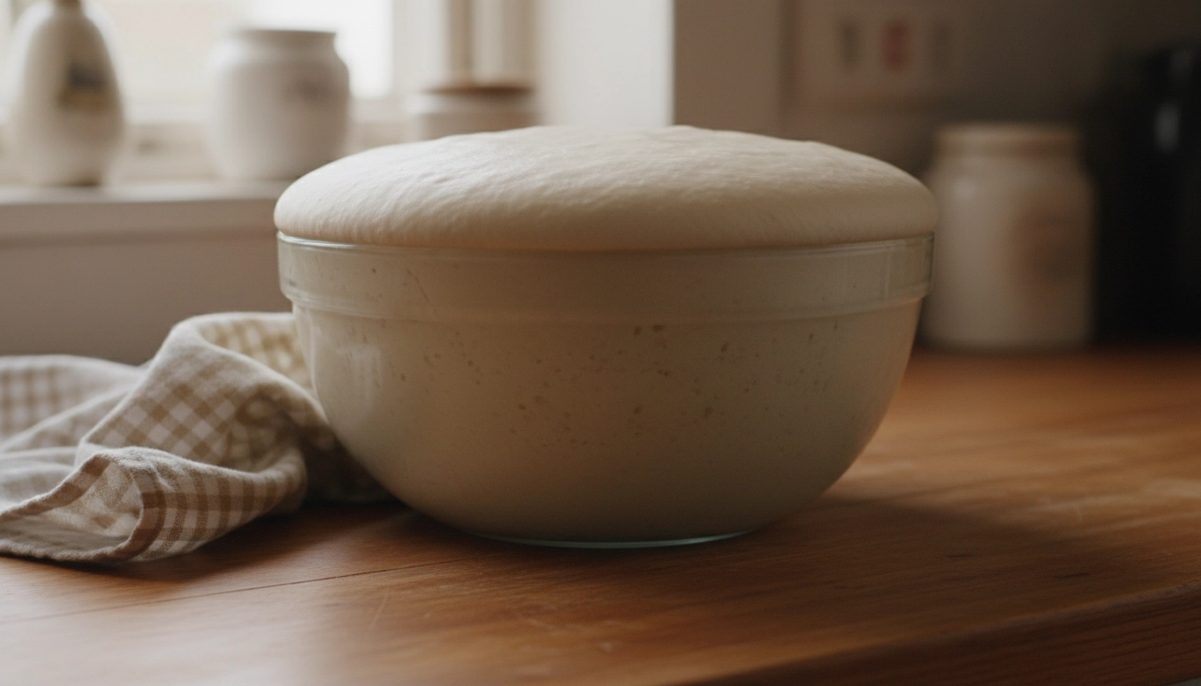 Raw yeast dough expanding in a glass bowl, a major bloat risk for dogs.
