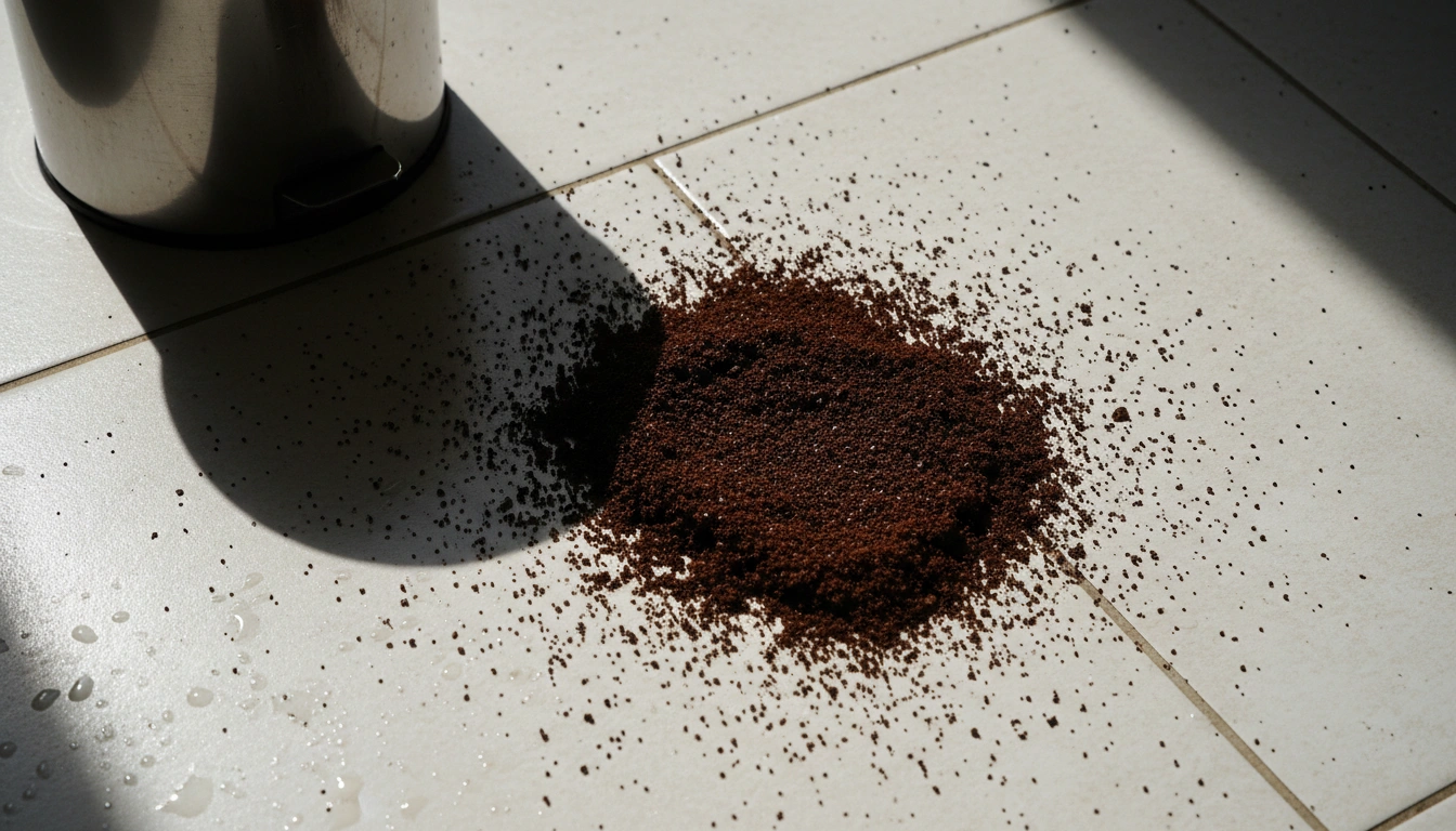Dark coffee grounds spilled on a kitchen floor, containing dangerous levels of caffeine for pets.
