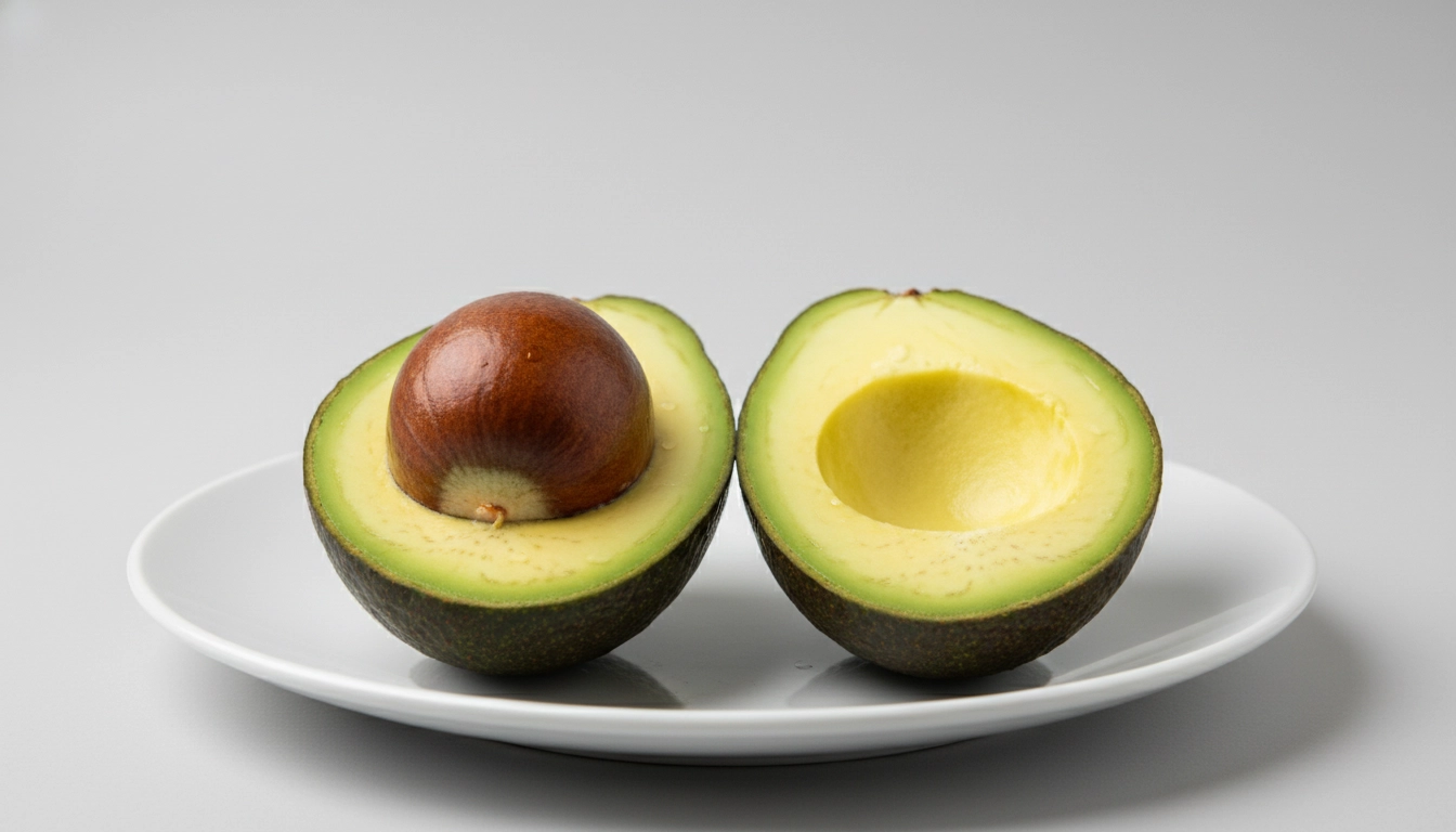 A sliced avocado showing the large central pit, a major choking and blockage hazard.