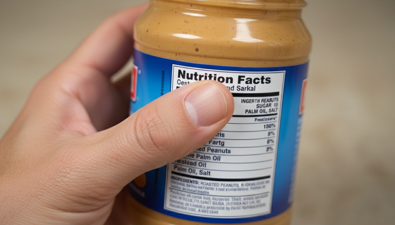 A person's hand holding a peanut butter jar and pointing to the ingredient list for xylitol.