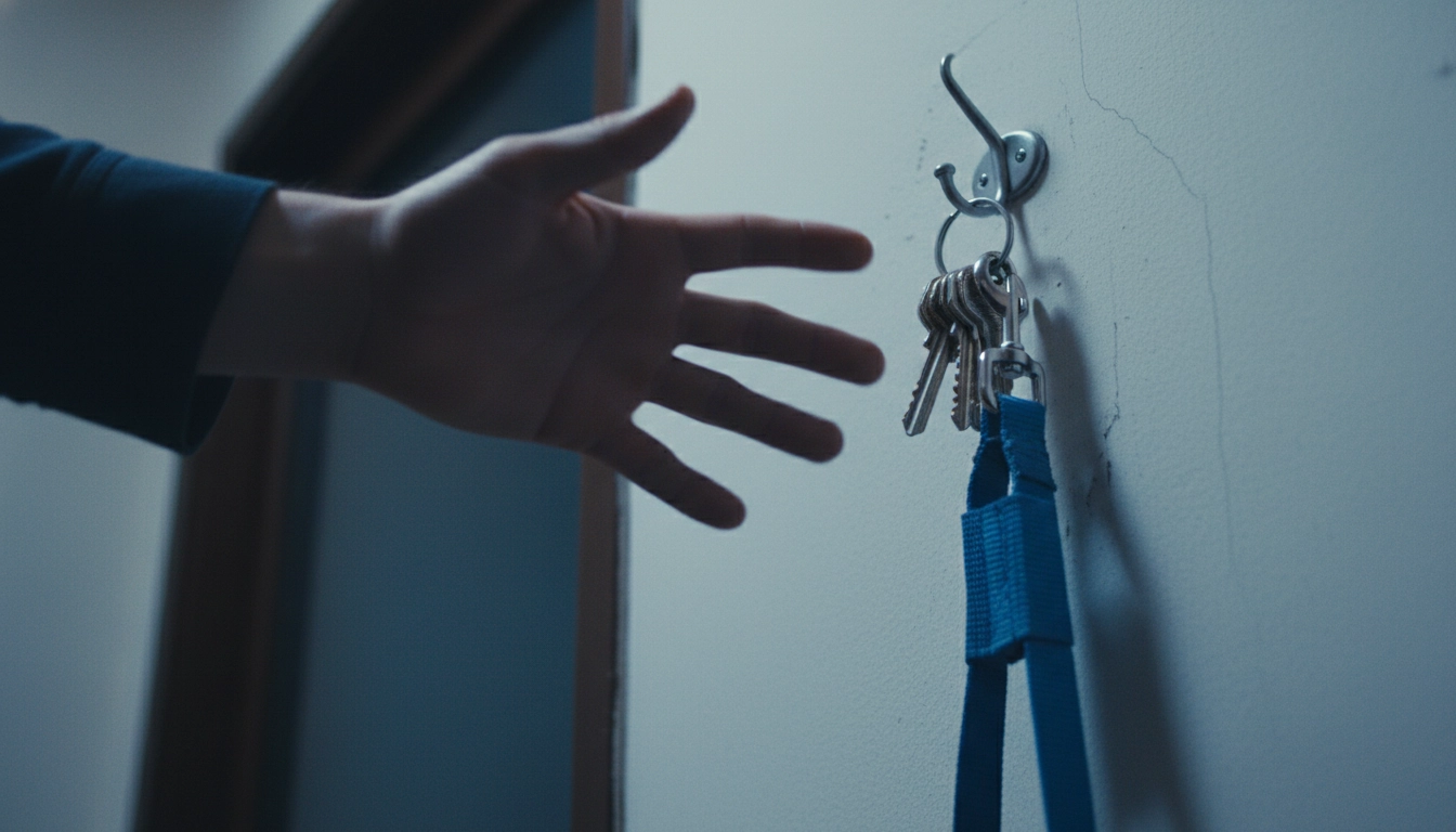 A person grabbing a dog leash and car keys in a hurry for a vet emergency.