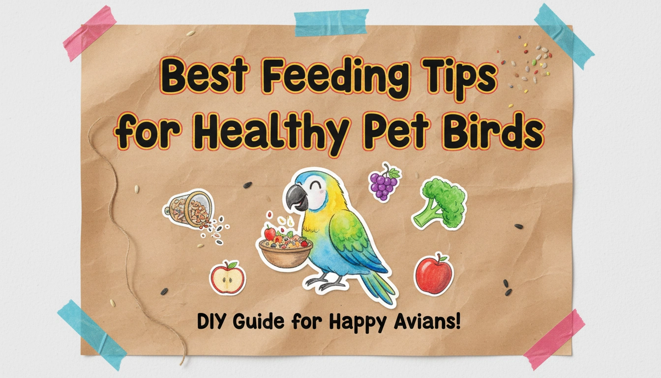 A homemade spread of fresh vegetables and pellets showing the best feeding tips for healthy pet birds on a kitchen counter.