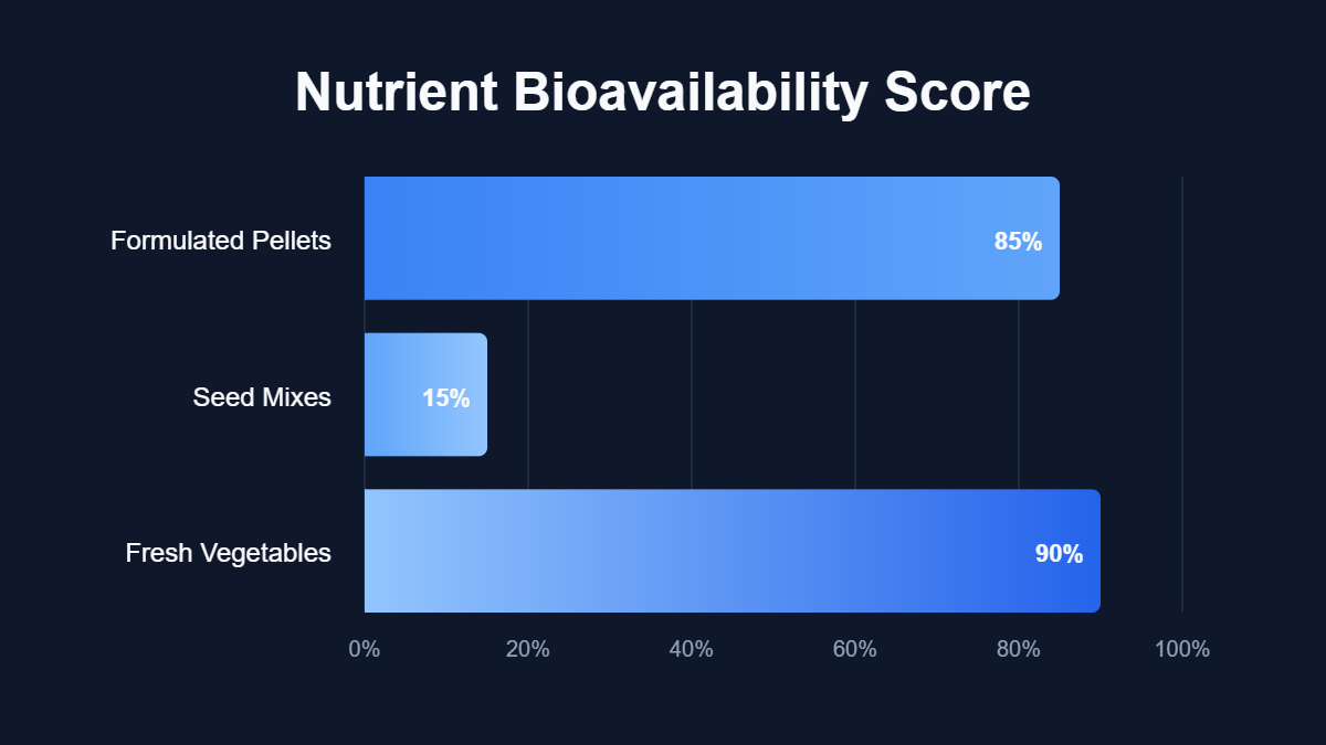 A bar chart titled "Nutrient Bioavailability Score" showing data for Formulated Pellets, Seed Mixes, Fresh Vegetables.