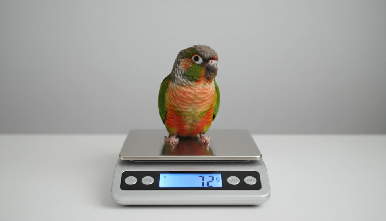 A small pet bird being weighed on a digital gram scale to ensure health during a diet transition.