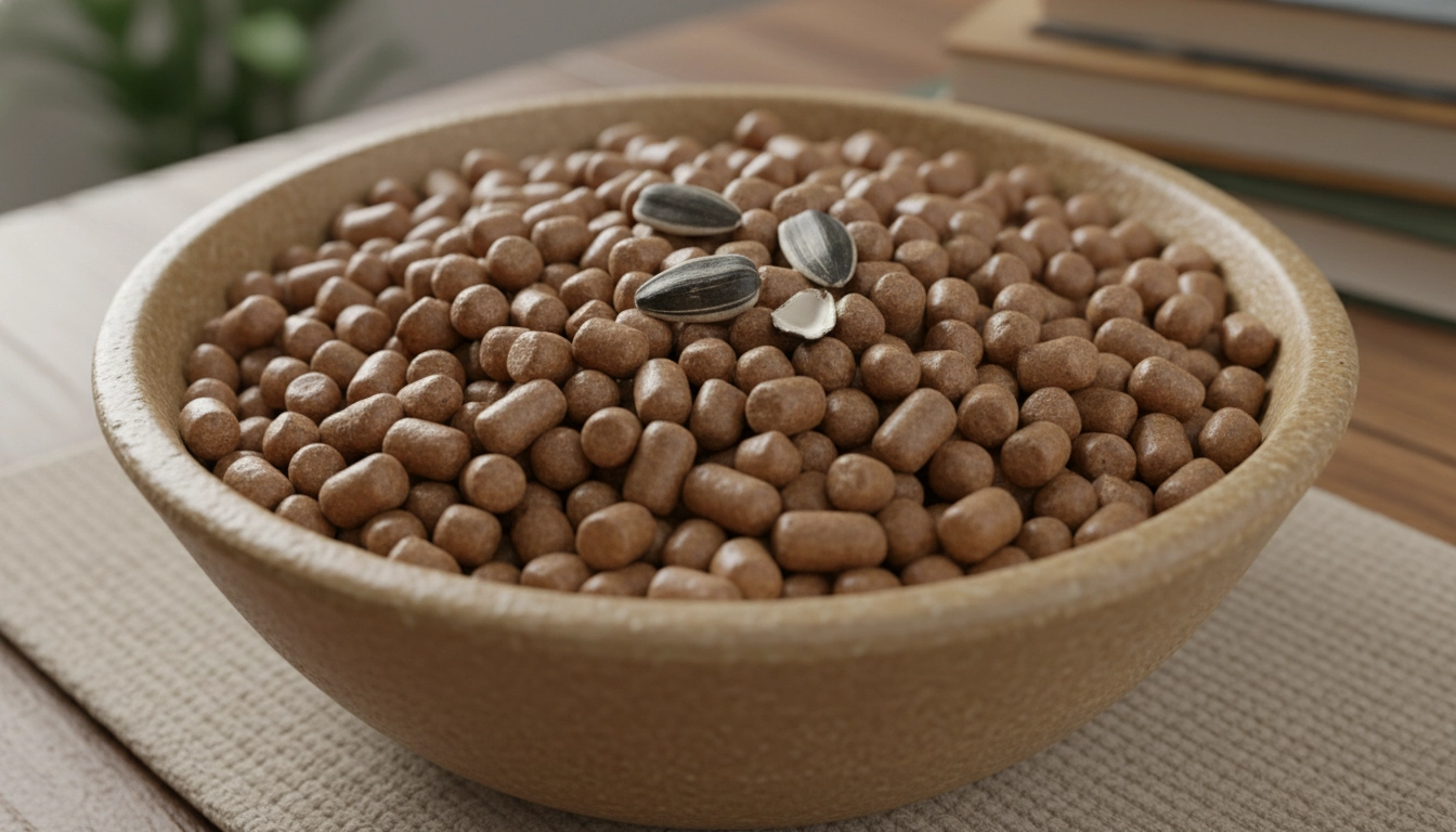 A ceramic bowl filled with high-quality avian pellets and a few healthy seeds, following the best feeding tips for healthy pet birds.