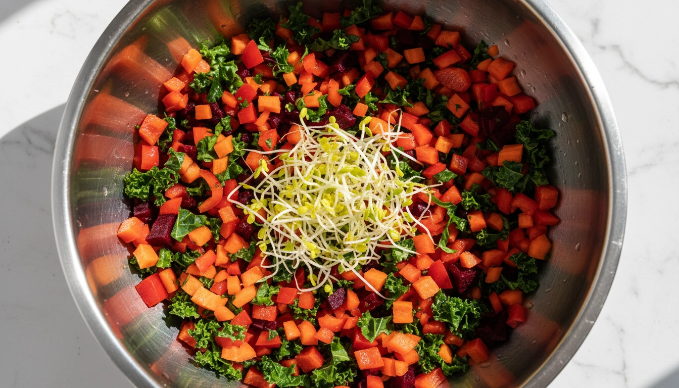 A colorful mix of diced kale, carrots, peppers, and sprouts prepared as a healthy meal for pet birds.