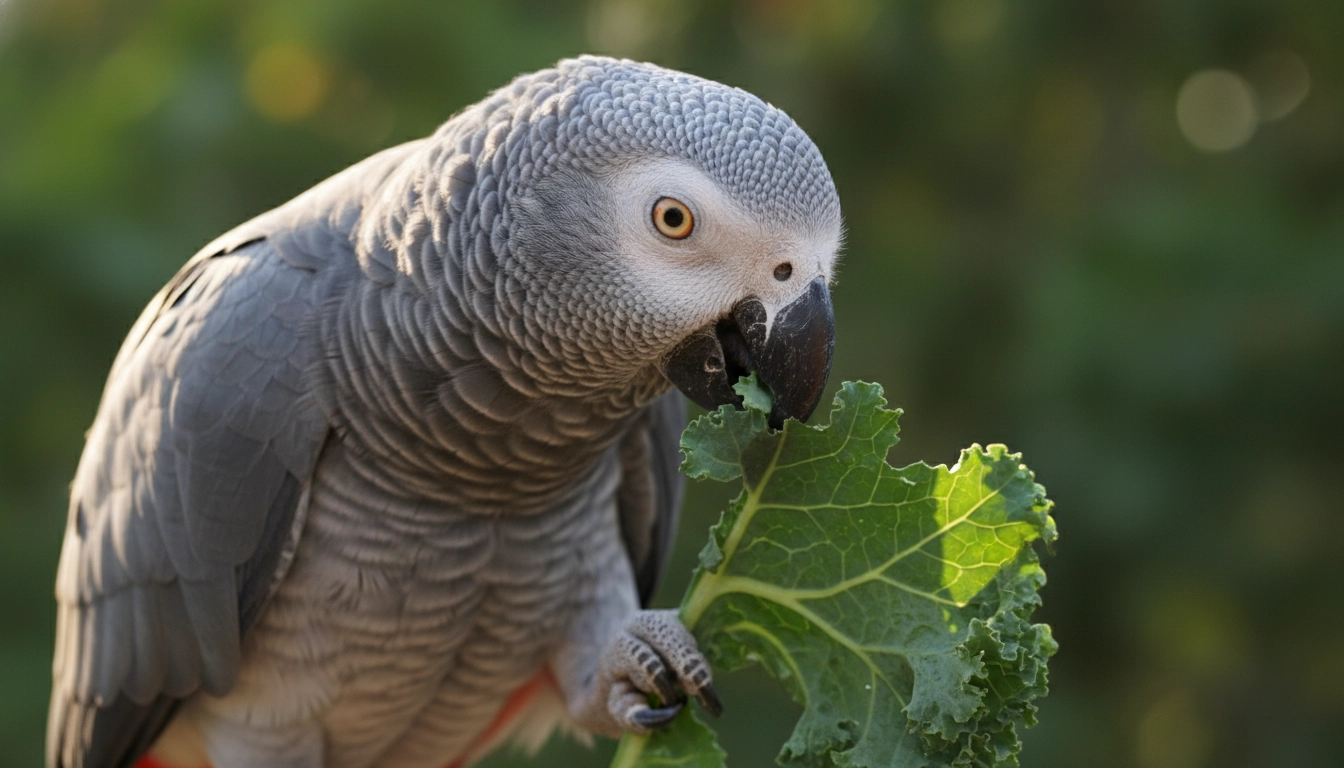 An African Grey parrot eating a piece of fresh kale, demonstrating best feeding tips for healthy pet birds and calcium intake.