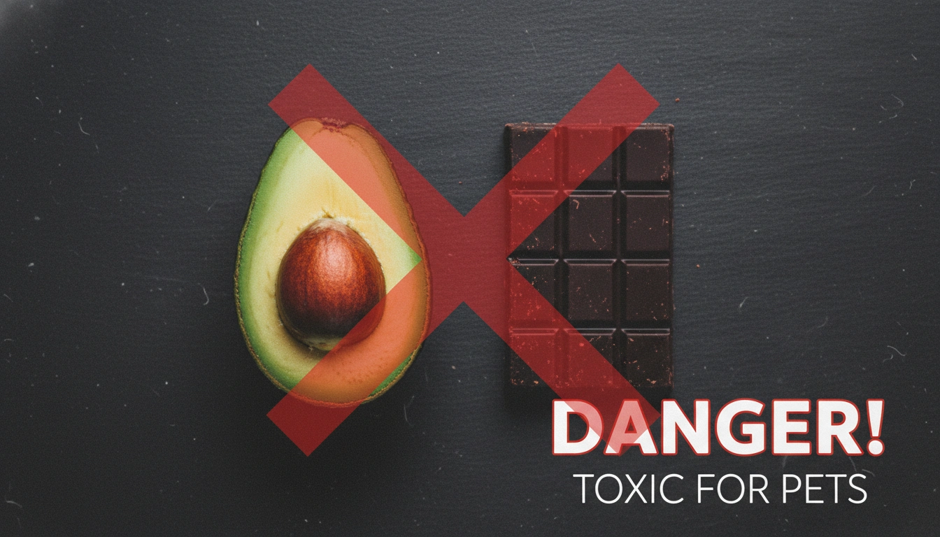 A visual warning showing an avocado and chocolate, which are toxic to birds, reinforcing safe feeding tips.