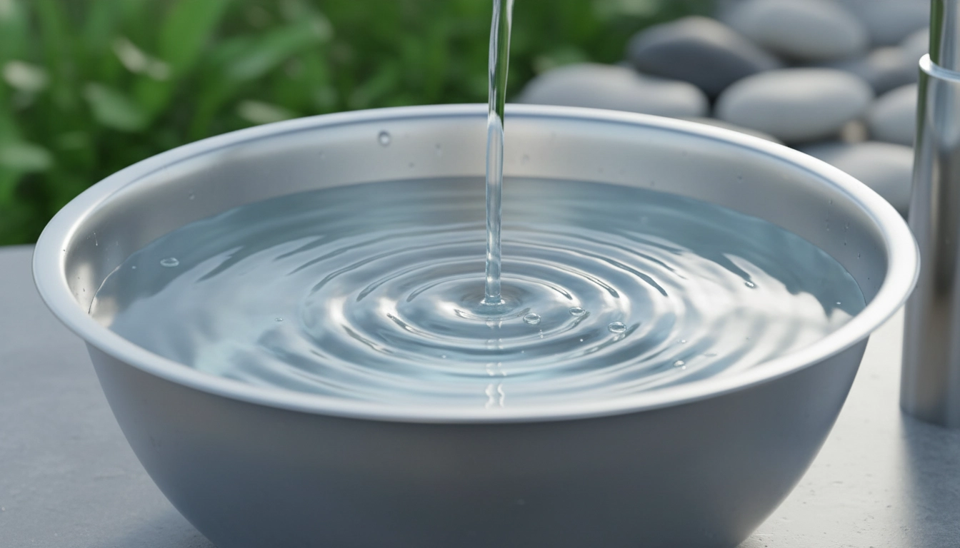 A sparkling clean stainless steel water bowl being filled with fresh water for a pet bird.