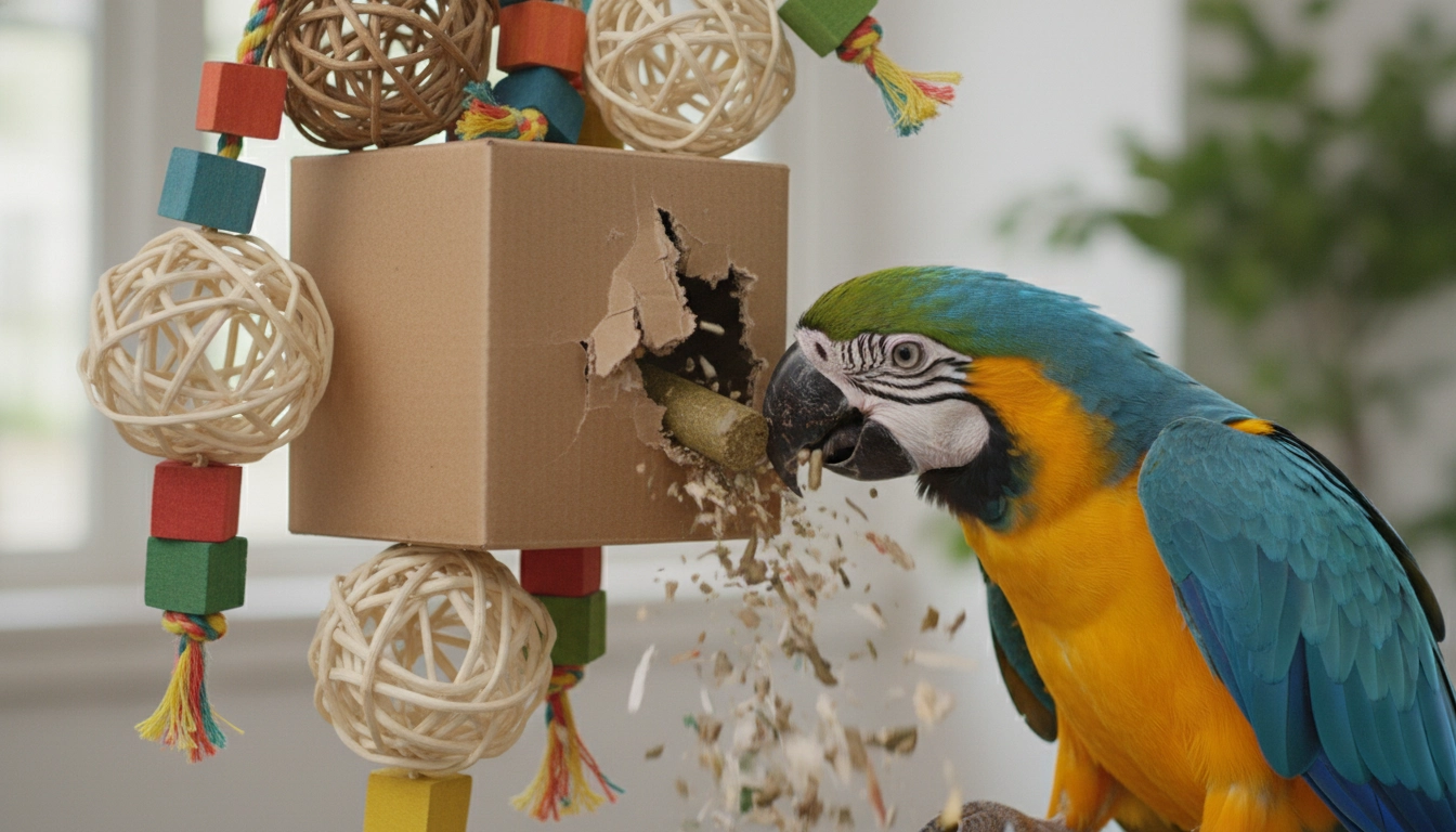 A large parrot shredding a cardboard foraging toy to find hidden food, following best feeding tips for healthy pet birds.