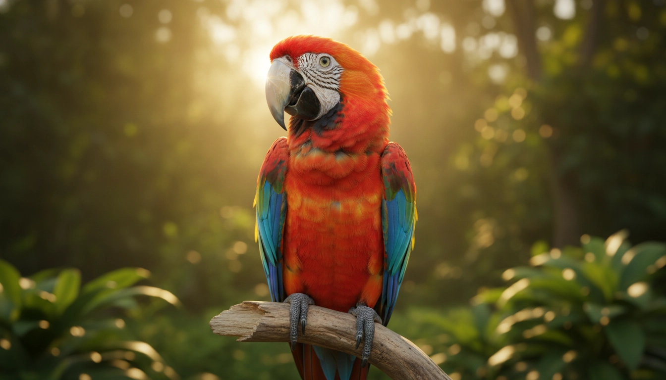 A happy, healthy pet parrot with shining feathers and bright eyes, the result of following best feeding tips for healthy pet birds.