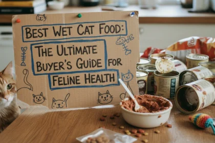 A slightly blurry, homemade-style photo of a hungry tabby cat sitting on a kitchen tile floor next to an open tin of the best wet cat food.