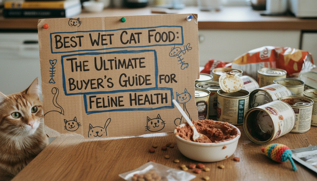 A slightly blurry, homemade-style photo of a hungry tabby cat sitting on a kitchen tile floor next to an open tin of the best wet cat food.