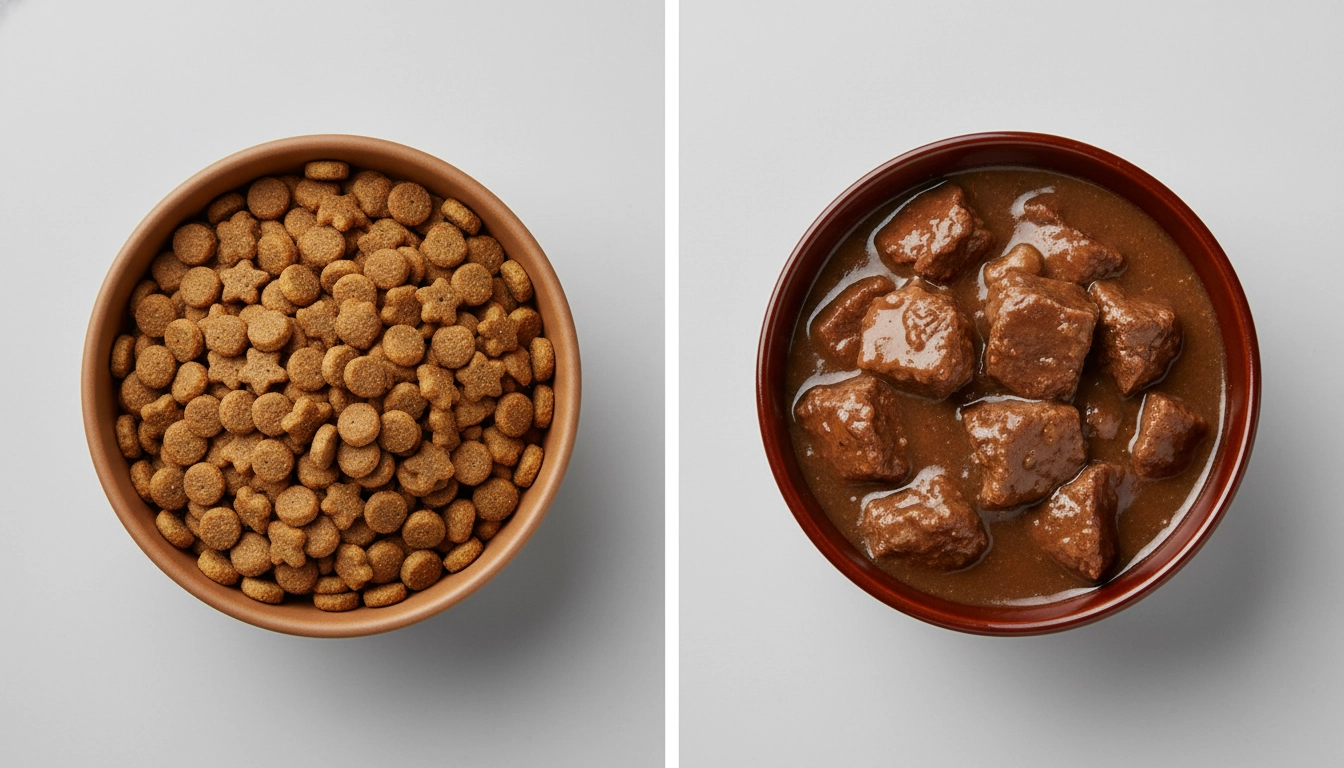 A side-by-side comparison of a bowl of dry kibble and a bowl of the best wet cat food with gravy.