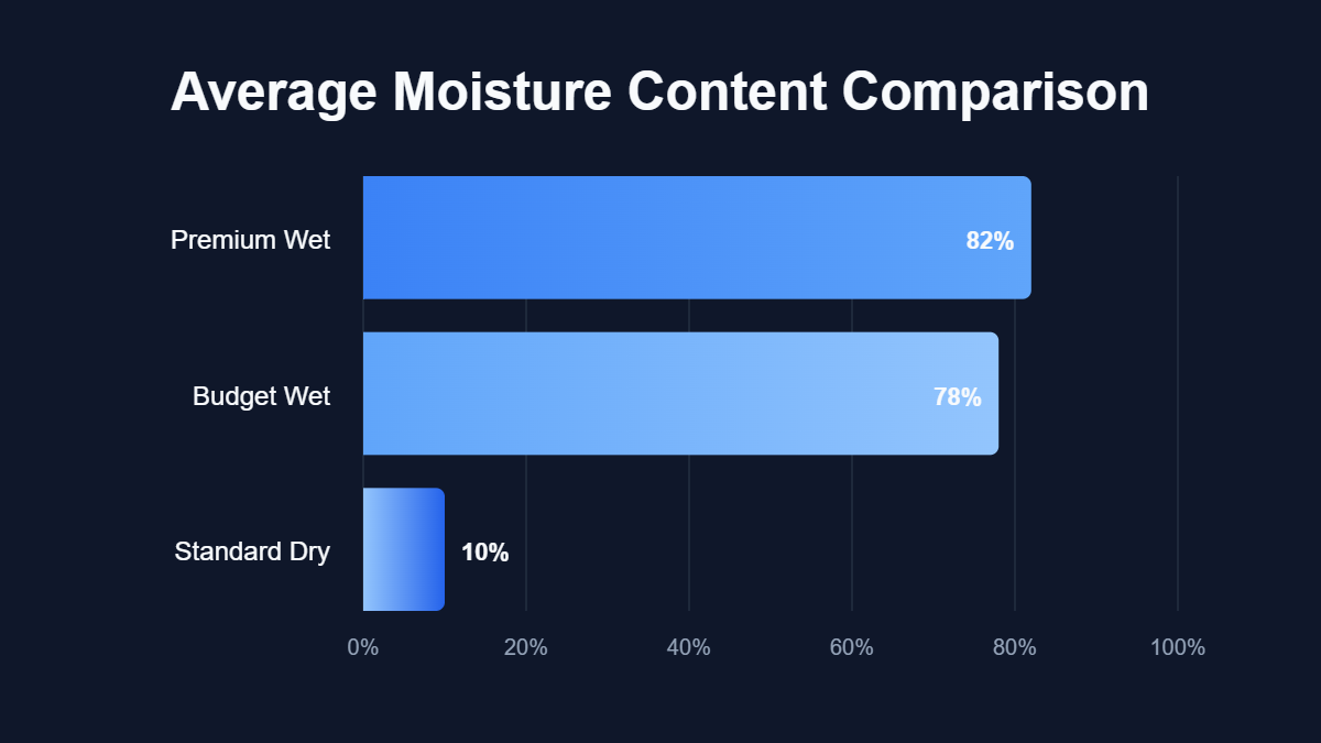 A bar chart titled "Average Moisture Content Comparison" showing data for Premium Wet, Budget Wet, Standard Dry.