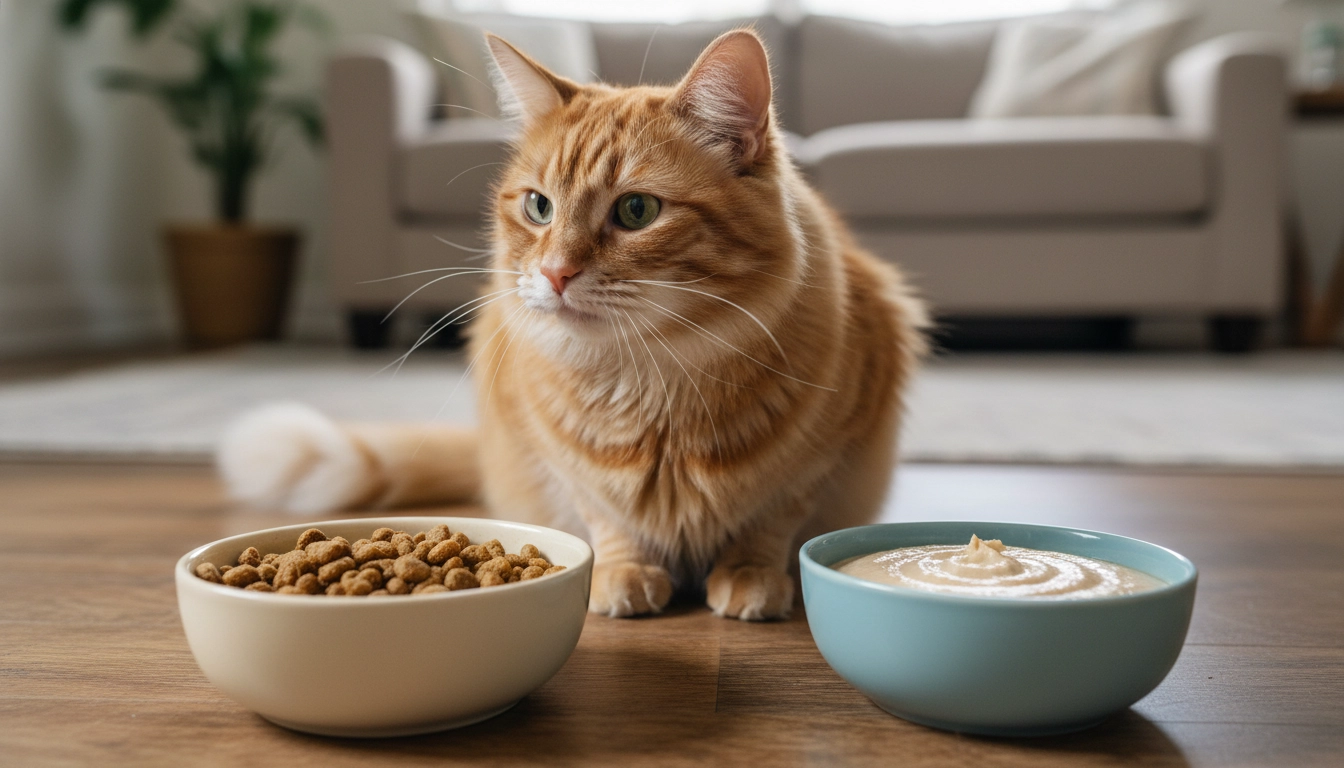 A cat sniffing two different bowls to find the best wet cat food texture, like pate or shreds.