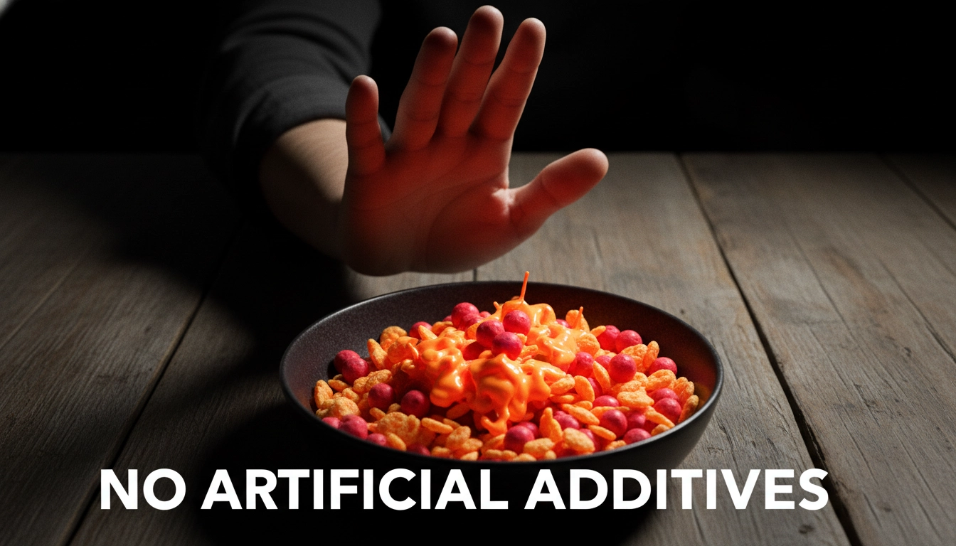 A conceptual image of artificial colors and grains to avoid when choosing the best wet cat food.