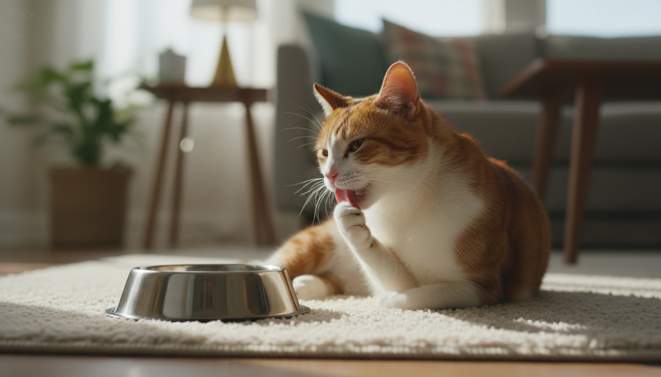 A happy, satisfied cat licking its paws after finishing a bowl of the best wet cat food.