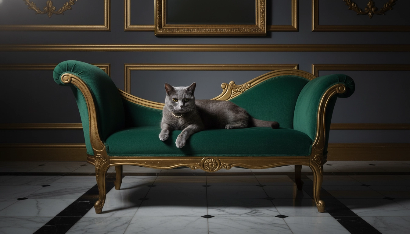 A sophisticated cat relaxing on a velvet chaise lounge, having enjoyed the best wet cat food.
