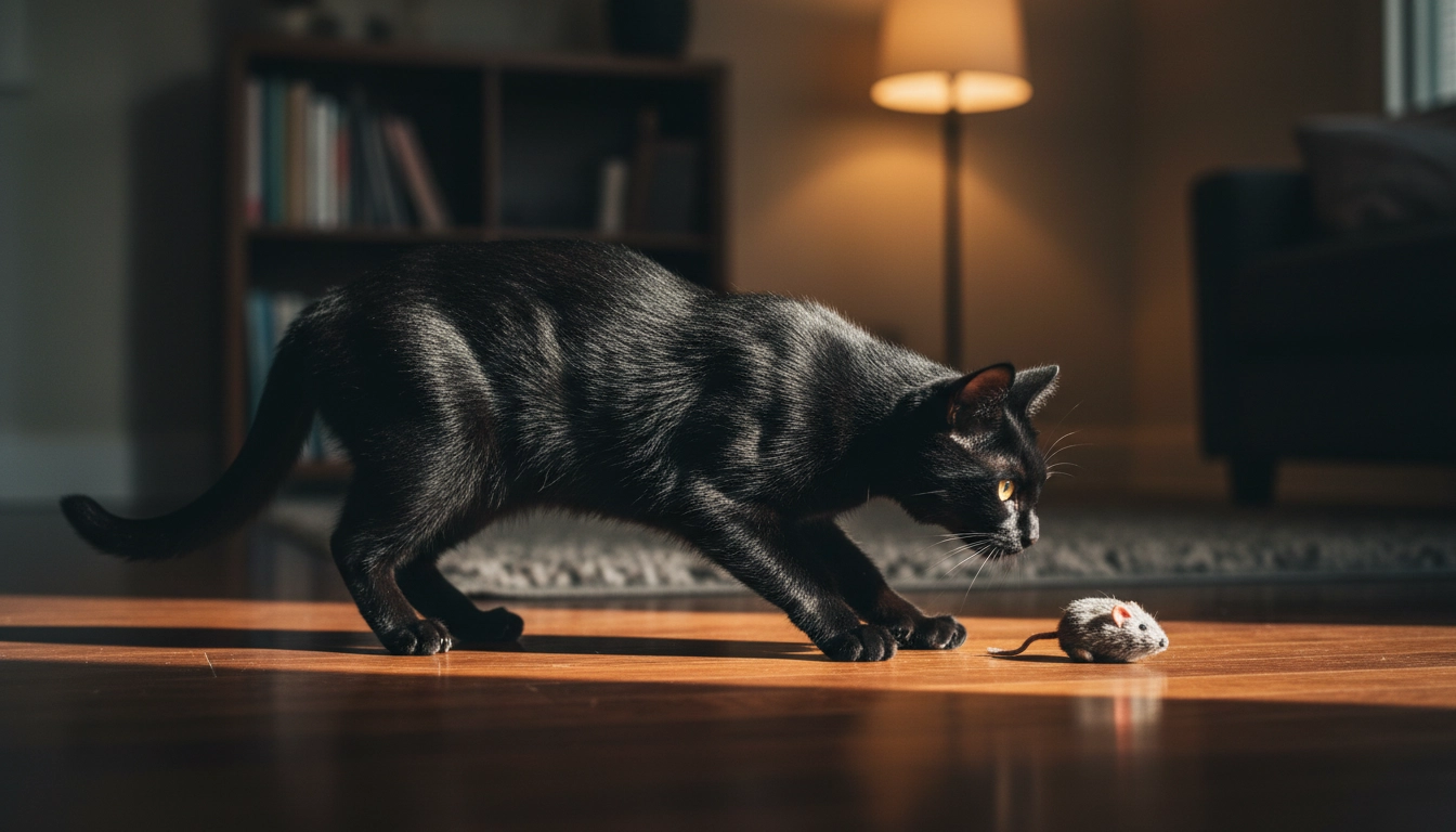 An athletic cat in a stalking pose, representing the biological need for the best wet cat food to fuel its hunting instincts.