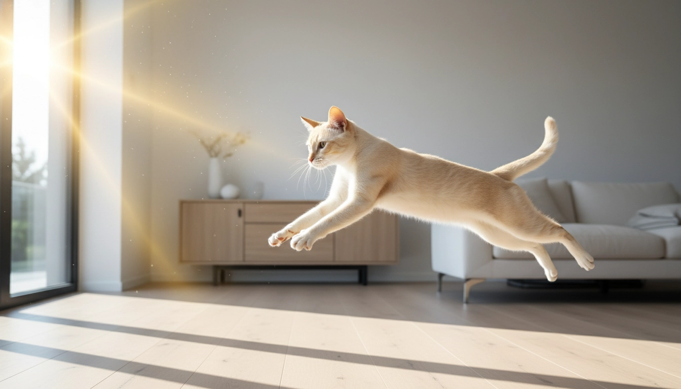 An active adult cat jumping toward a sunbeam, showcasing the energy provided by the best wet cat food.
