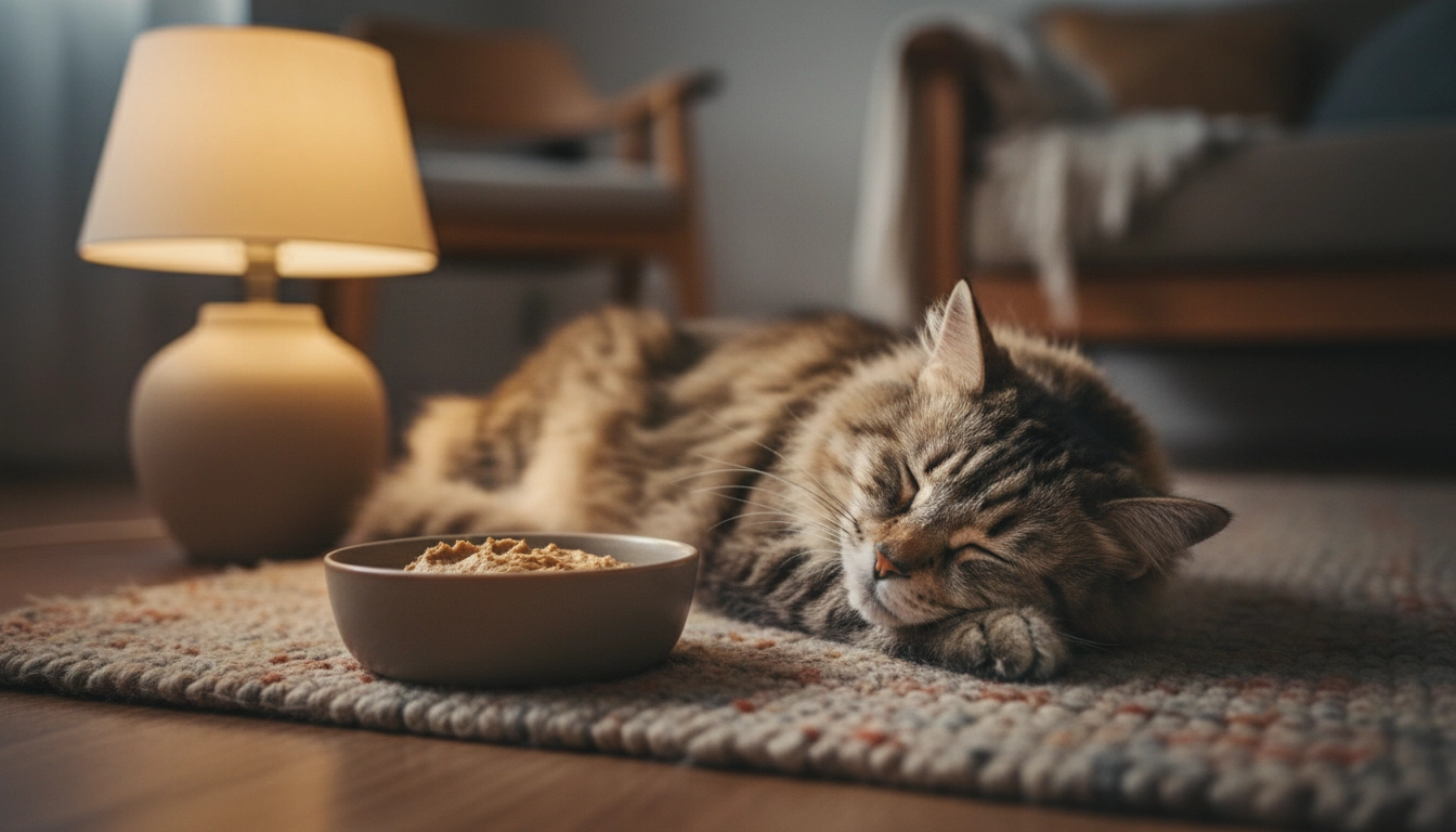 An older cat comfortably eating a soft pate version of the best wet cat food for joint and kidney health.