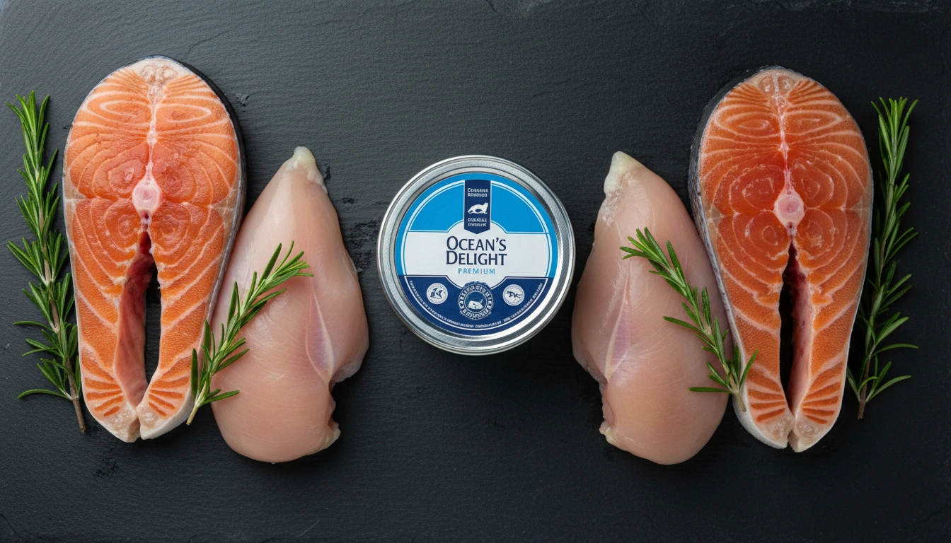 Fresh pieces of chicken and salmon next to a can of the best wet cat food that is grain-free.