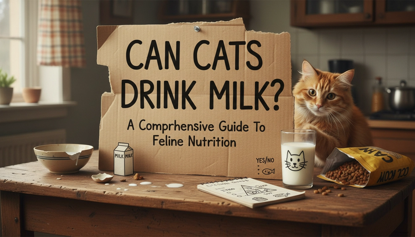 A candid, amateur photo of a tabby cat looking longingly at a bowl of cereal and milk on a cluttered kitchen table, asking the question: can cats drink milk ?