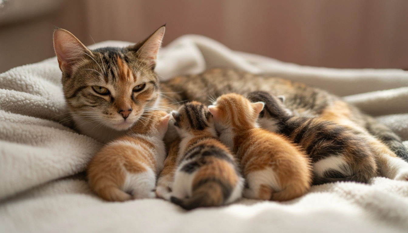 A mother cat lying on a soft blanket nursing her litter of young kittens, showing the natural stage where cats can drink milk.