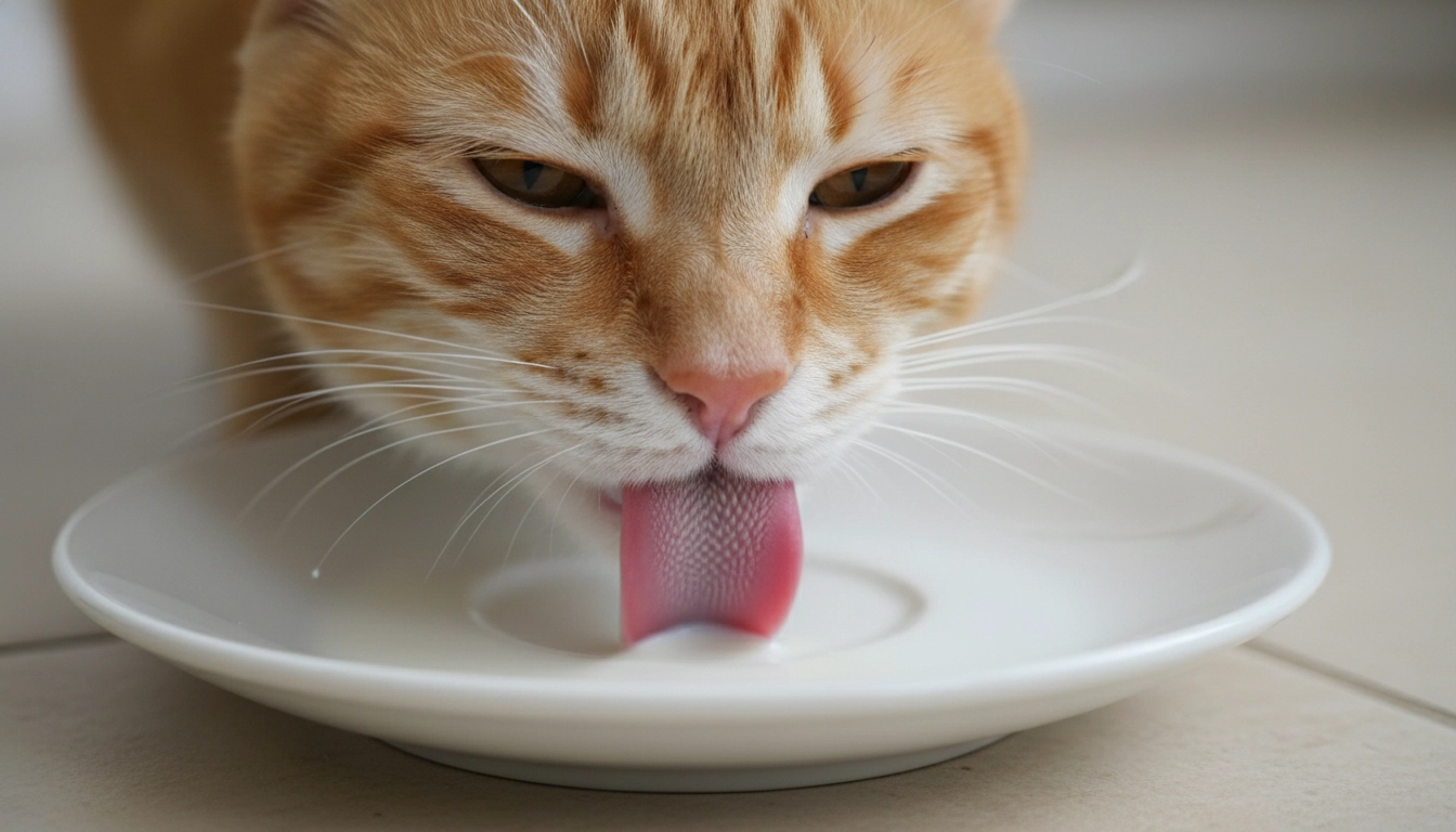 A domestic cat greedily licking the last drops of white liquid from a ceramic saucer, illustrating the question can cats drink milk ?