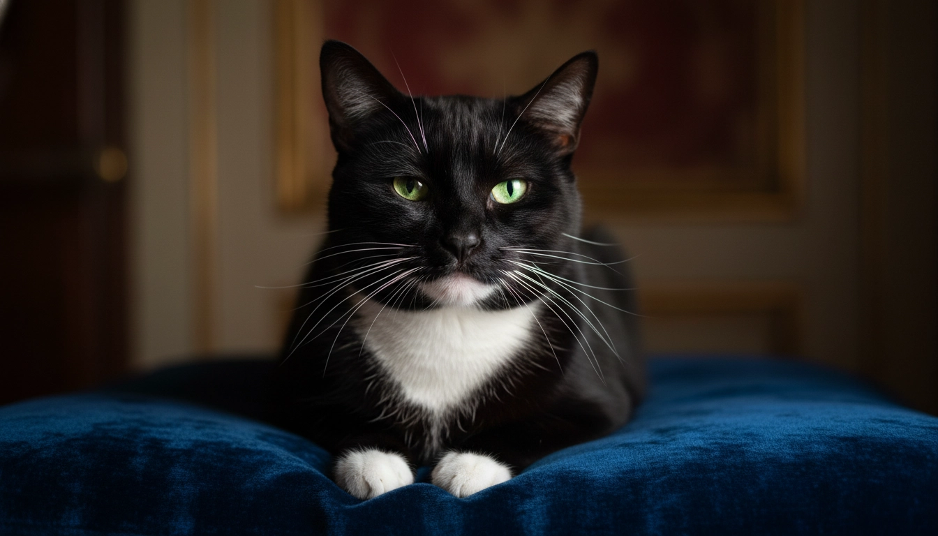 A close-up of an adult cat's face looking directly at the camera with a skeptical, "expert" expression.
