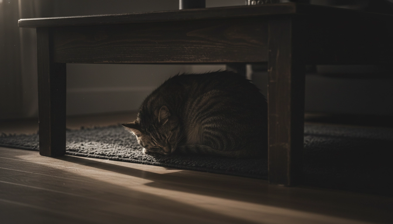 A cat looking uncomfortable and bloated, hiding in the shadows under a sofa to illustrate digestive distress.