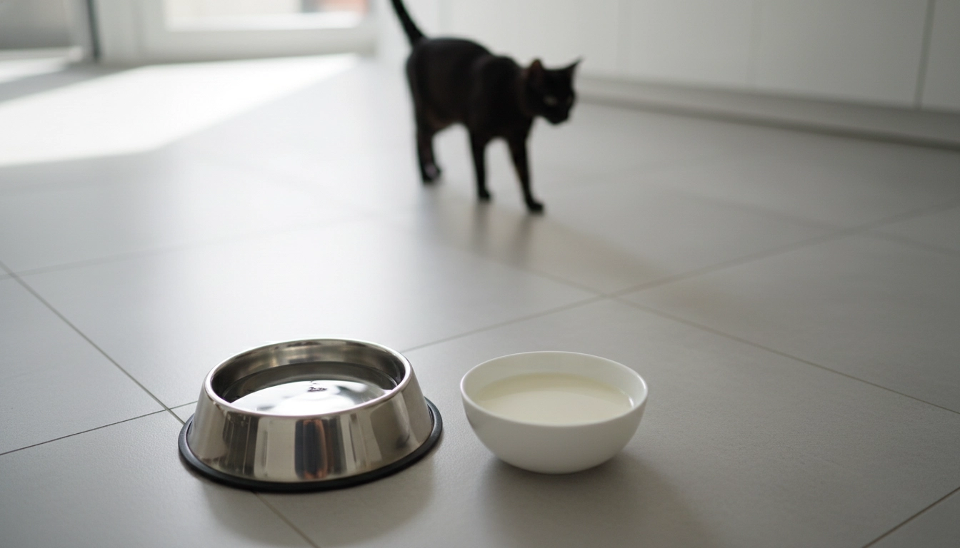 A small ceramic bowl filled with specialized, lactose-free commercial cat milk next to a fresh water bowl.