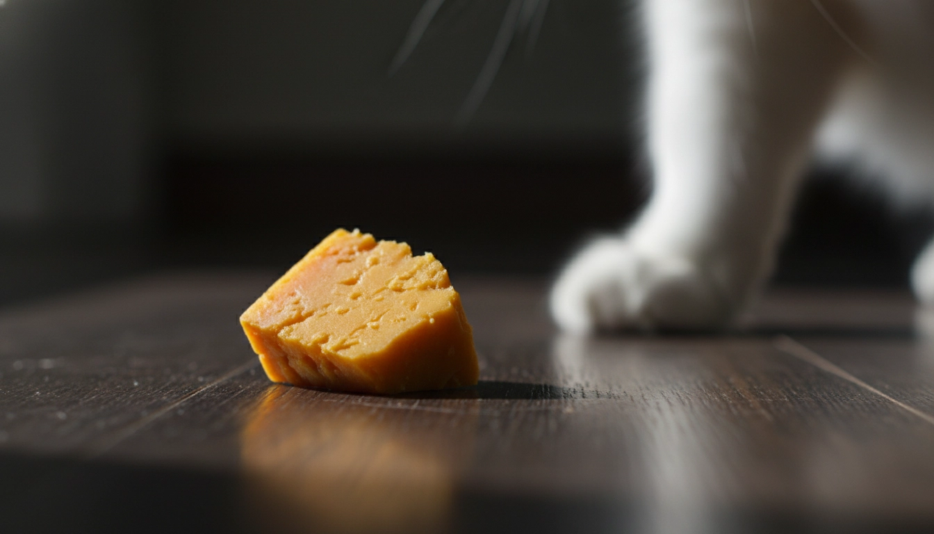 A macro shot of a single, tiny crumb of orange aged cheddar cheese on a hardwood floor with a cat's paw nearby.
