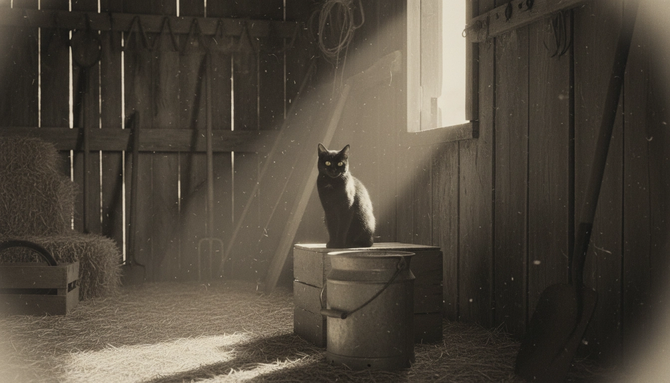 A vintage-style photo of a cat in a rustic barn setting sitting next to an old-fashioned metal milk pail.
