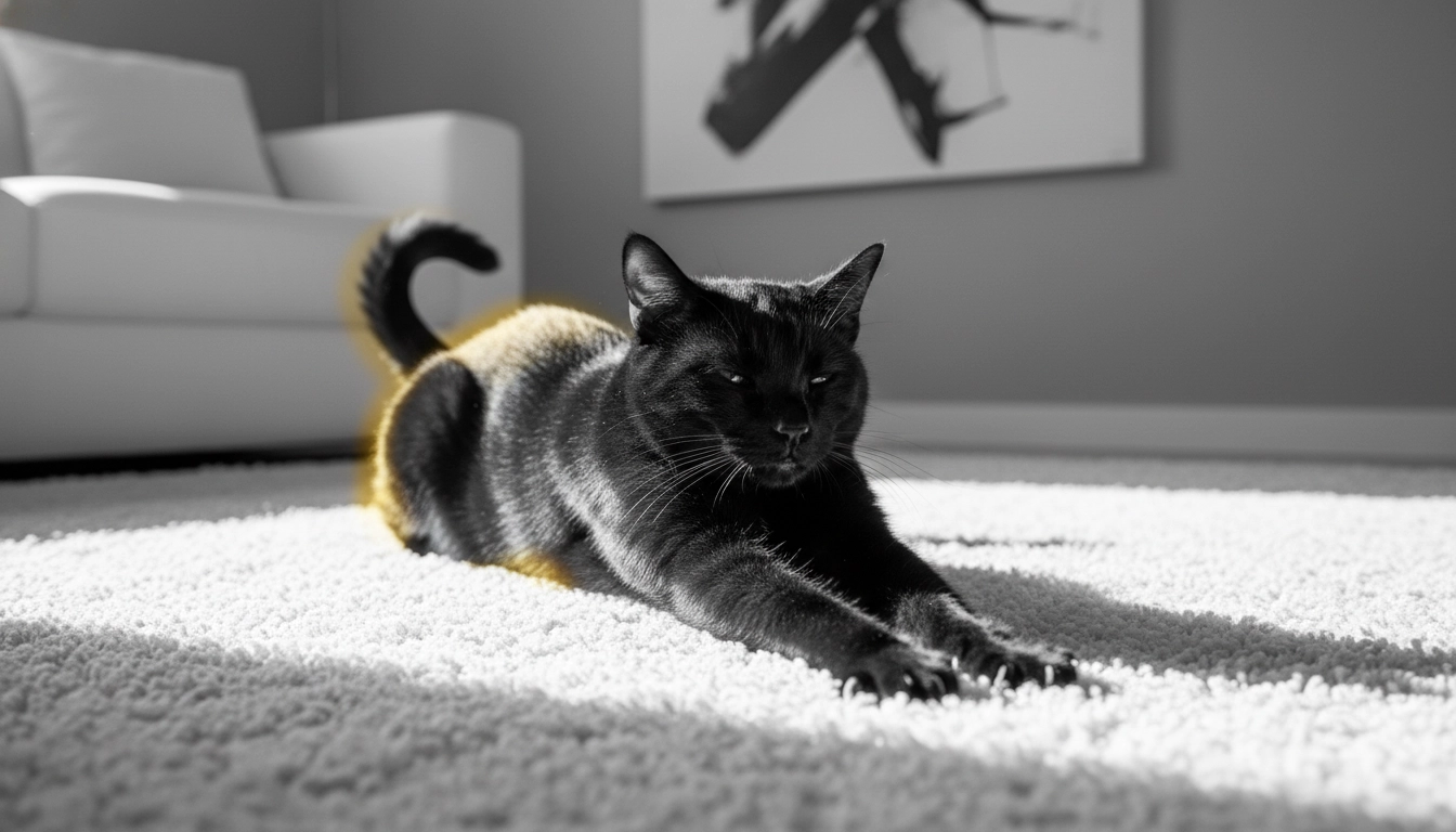 A sleek, healthy cat stretching out comfortably in a bright patch of sunlight on a clean rug.